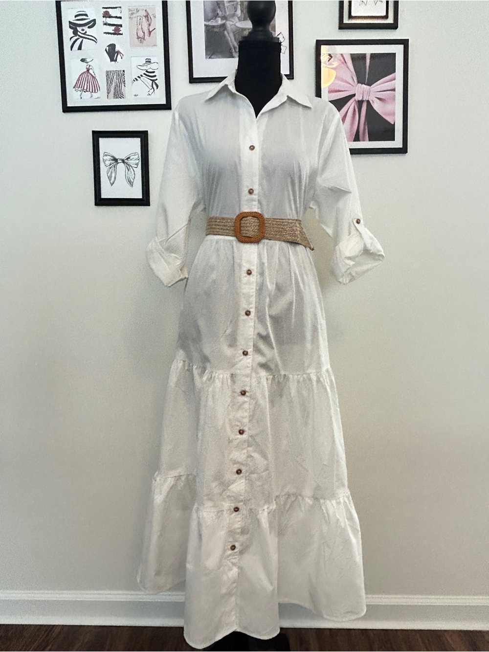 Button-Front White Maxi Shirt Dress with Woven Belt